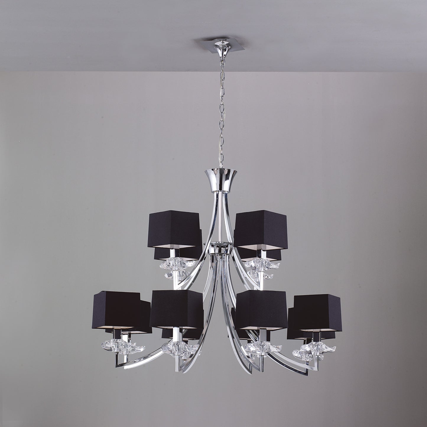 Akira Pendant 2 Tier 12 Light E14, Polished Chrome With Black Shades by Mantra