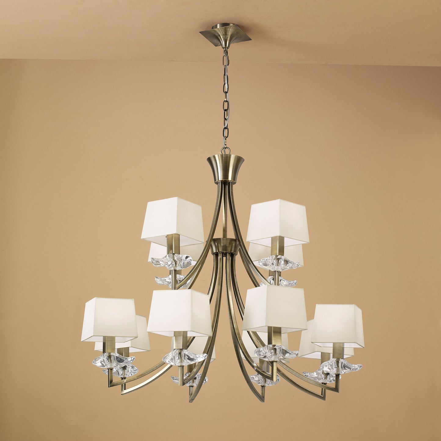 Akira Pendant 2 Tier 12 Light E14, Antique Brass With Cream Shades by Mantra