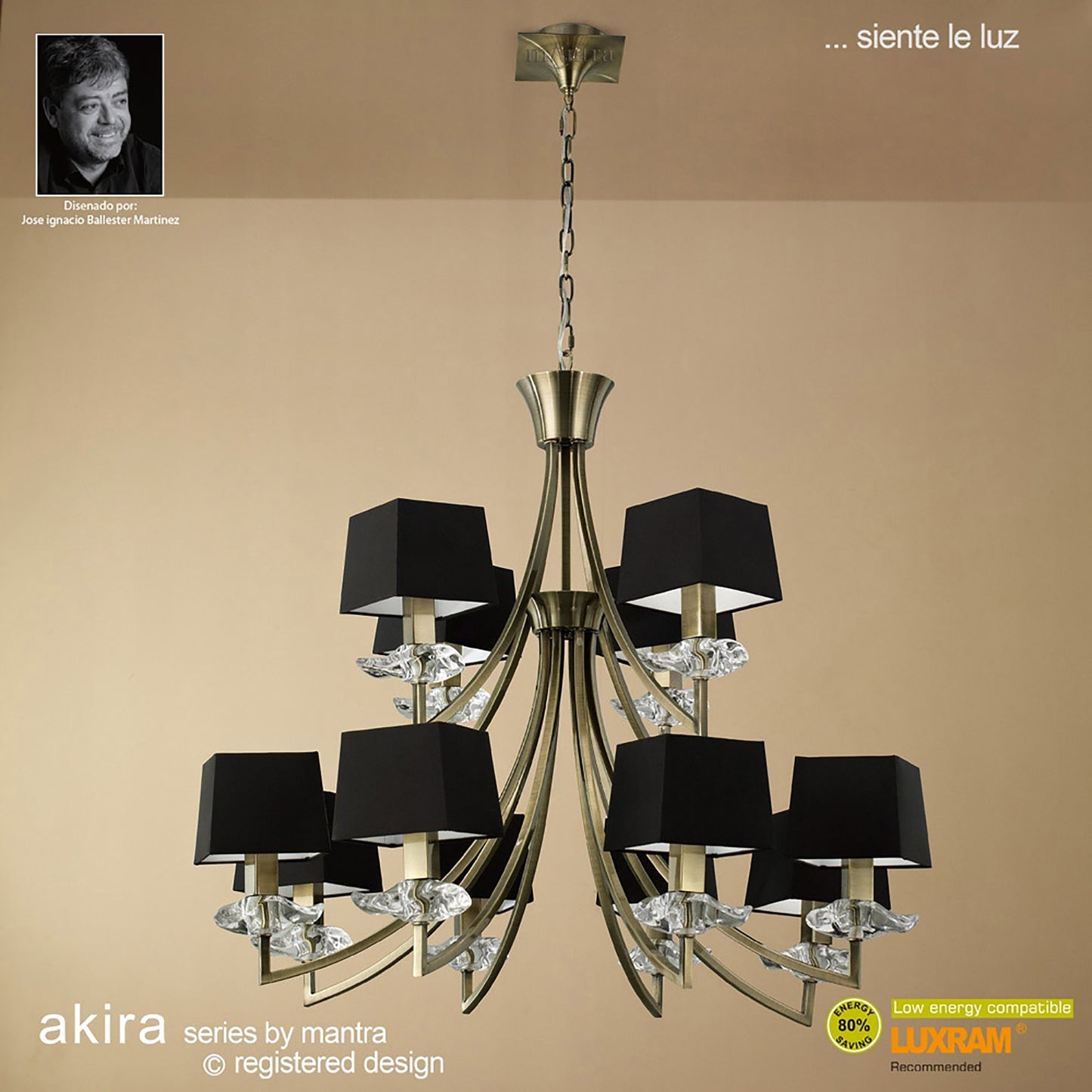 Akira Pendant 2 Tier 12 Light E14, Antique Brass With Black Shades by Mantra