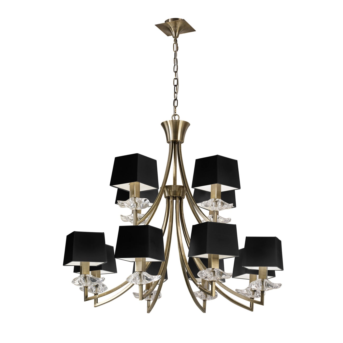 Akira Pendant 2 Tier 12 Light E14, Antique Brass With Black Shades by Mantra