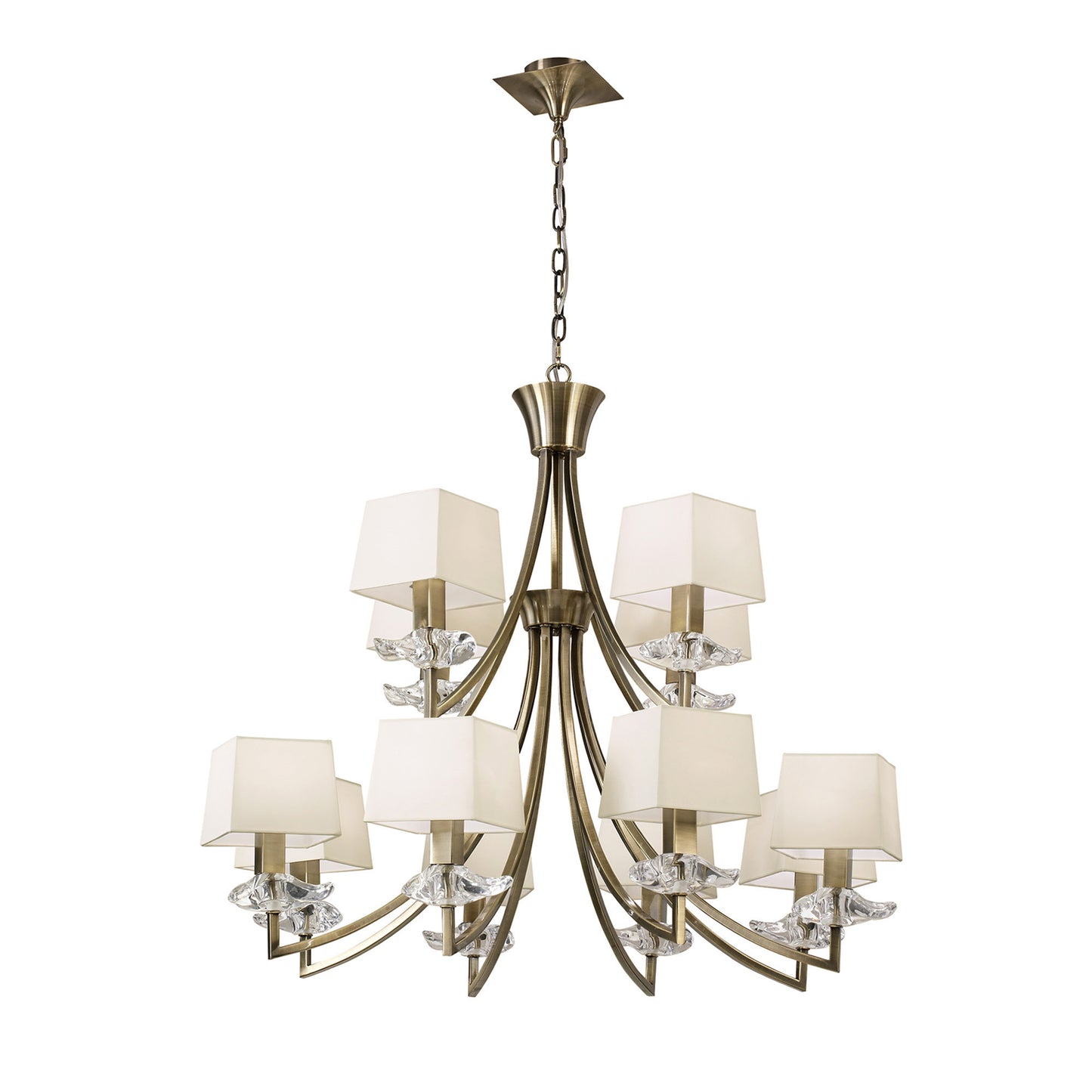 Akira Pendant 2 Tier 12 Light E14, Antique Brass With Cream Shades by Mantra