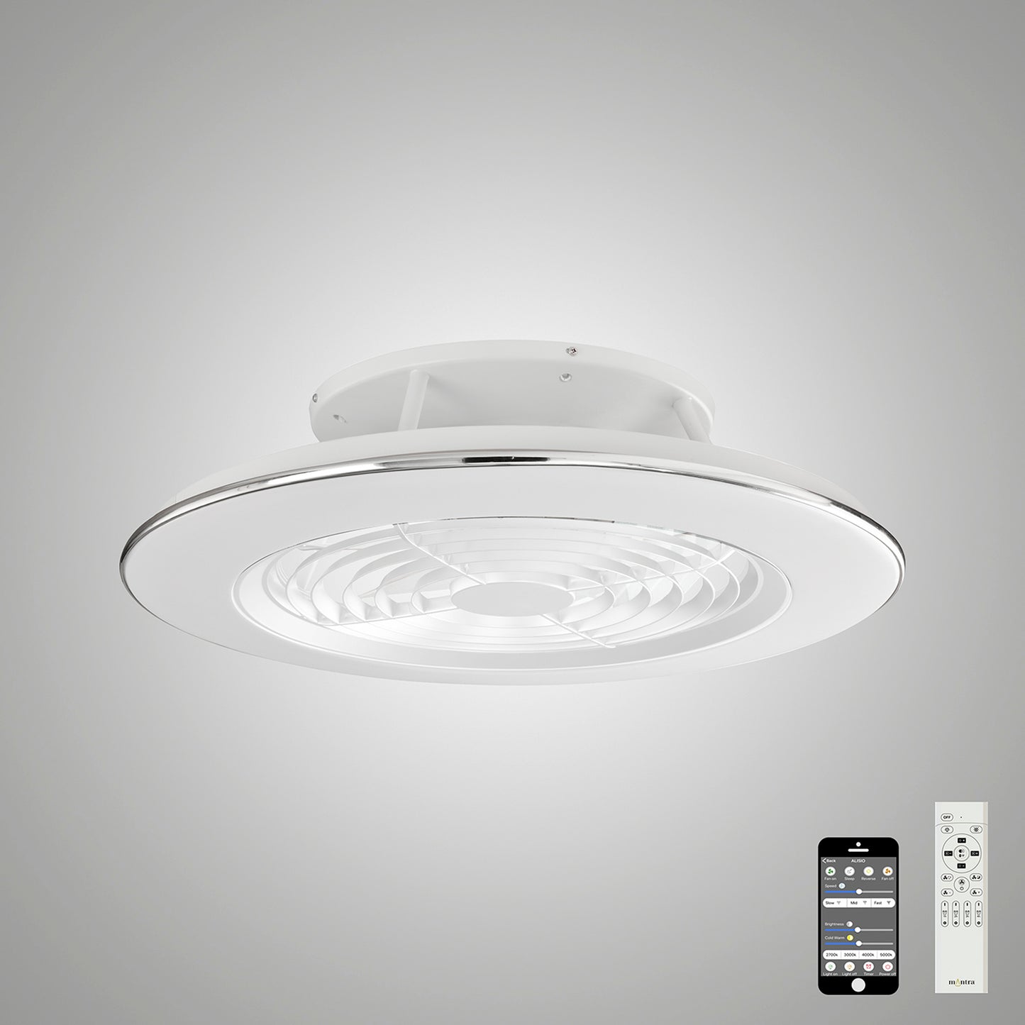 Alisio 70W LED Dimmable Ceiling Light With Built-In 35W DC Reversible Fan, White Finish c/w Remote Control and APP Control, 4900lm, White by Mantra