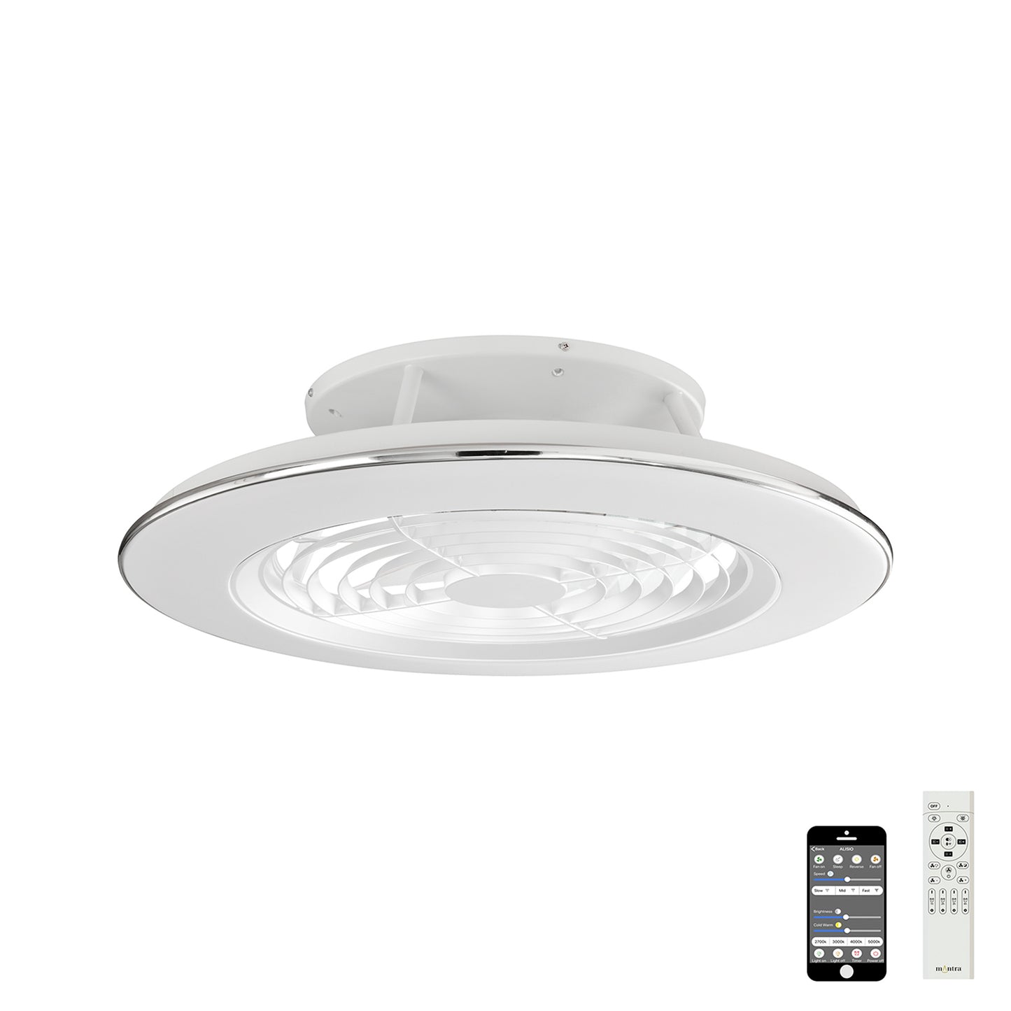 Alisio 70W LED Dimmable Ceiling Light With Built-In 35W DC Reversible Fan, White Finish c/w Remote Control and APP Control, 4900lm, White by Mantra