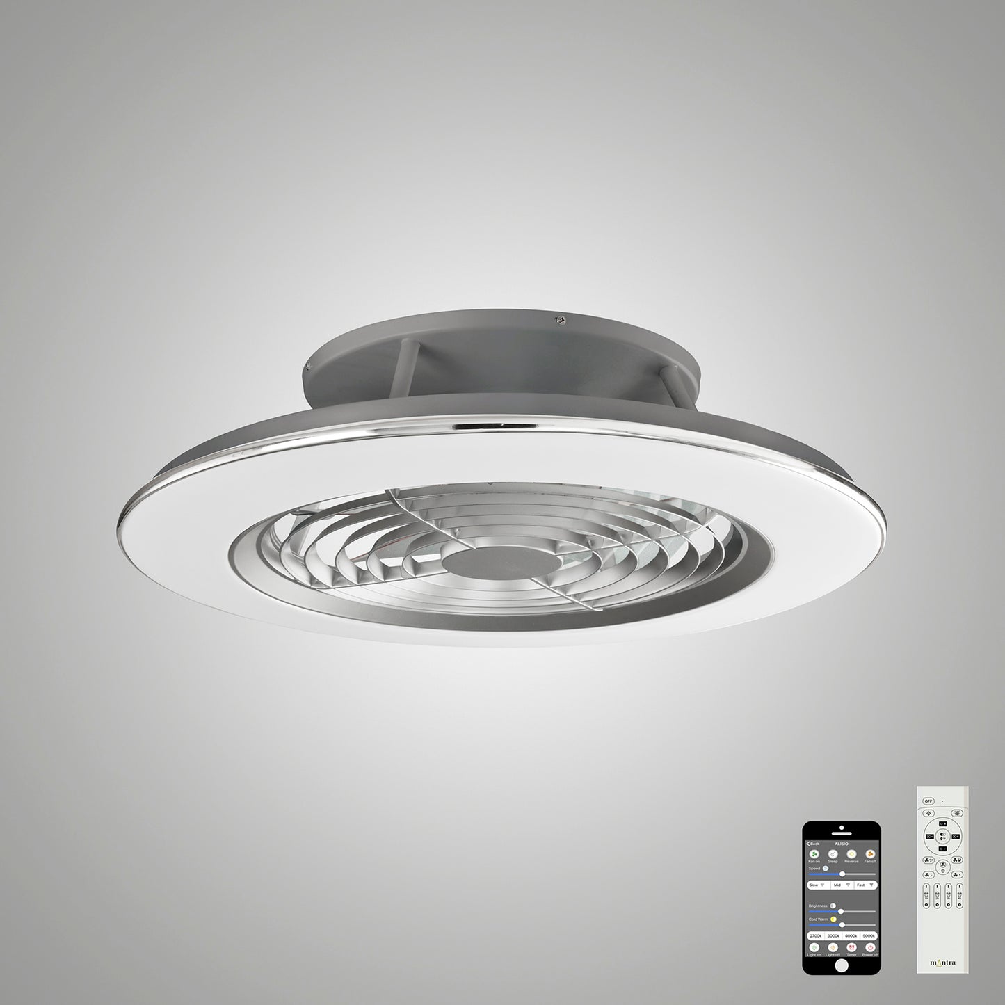 Alisio 70W LED Dimmable Ceiling Light With Built-In 35W DC Reversible Fan, Chrome/Grey Finish c/w Remote Control and APP Control, 4900lm by Mantra