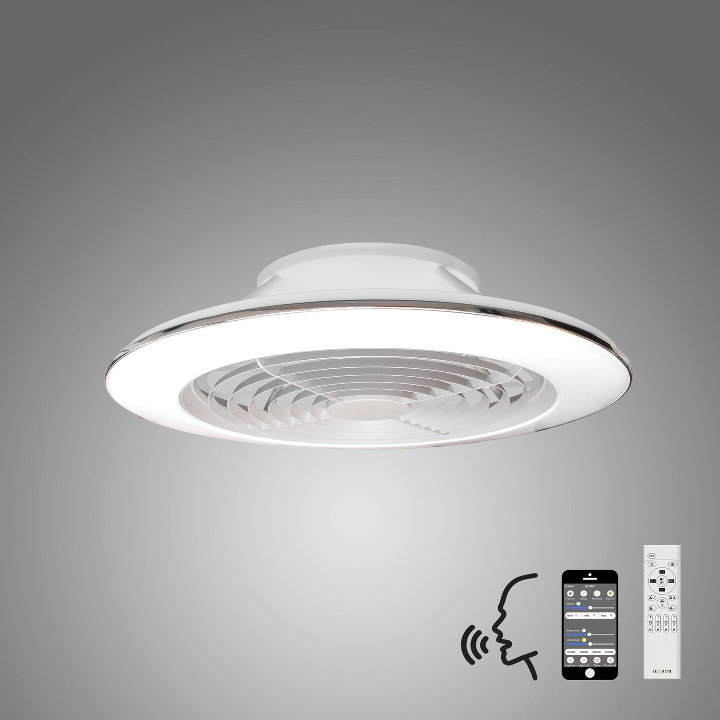 Alisio XL 95W LED Dimmable Ceiling Light & 58W DC Reversible Fan, White Finish c/w Remote Control, APP & Alexa/Google Voice Control, 5900lm by Mantra