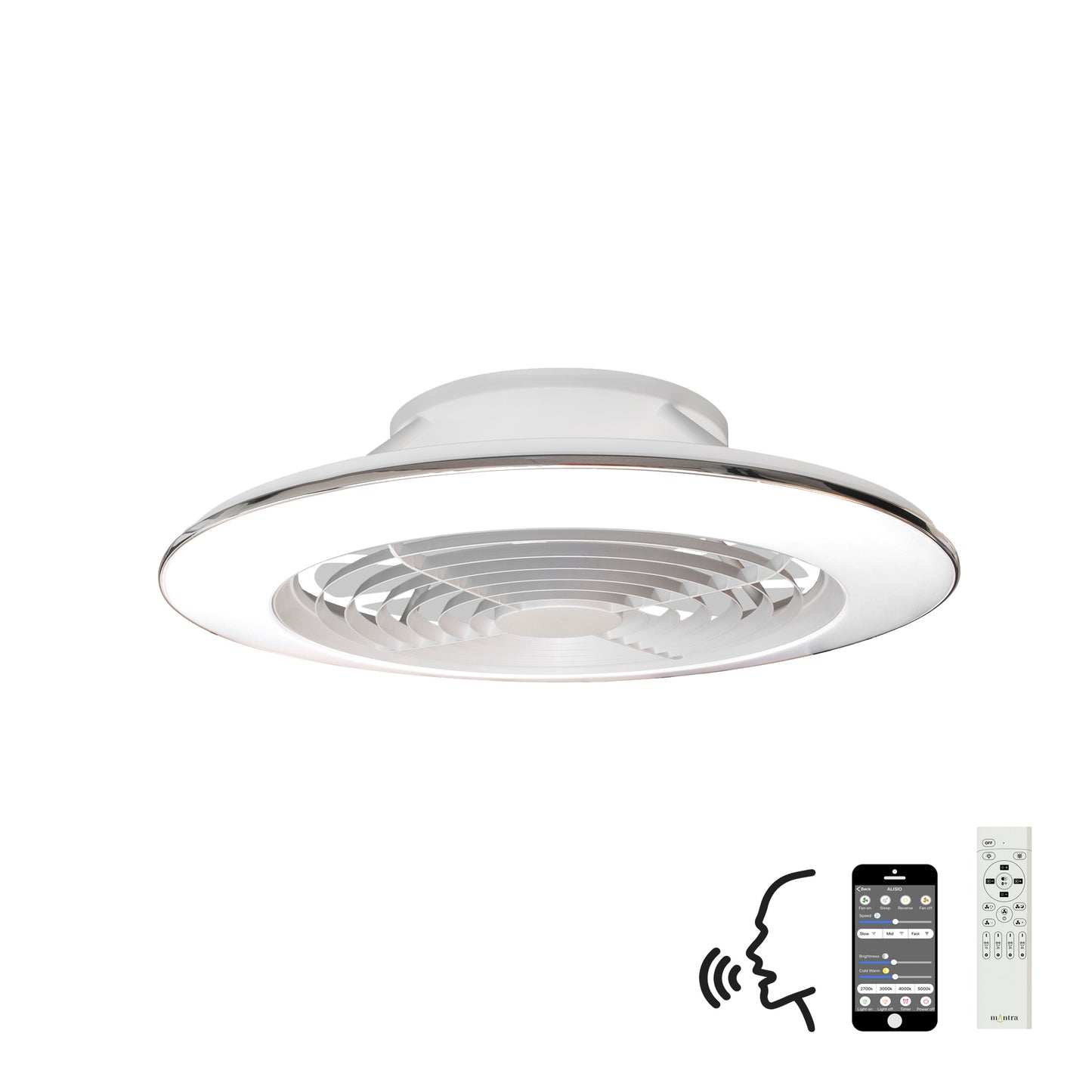 Alisio XL 95W LED Dimmable Ceiling Light & 58W DC Reversible Fan, White Finish c/w Remote Control, APP & Alexa/Google Voice Control, 5900lm by Mantra