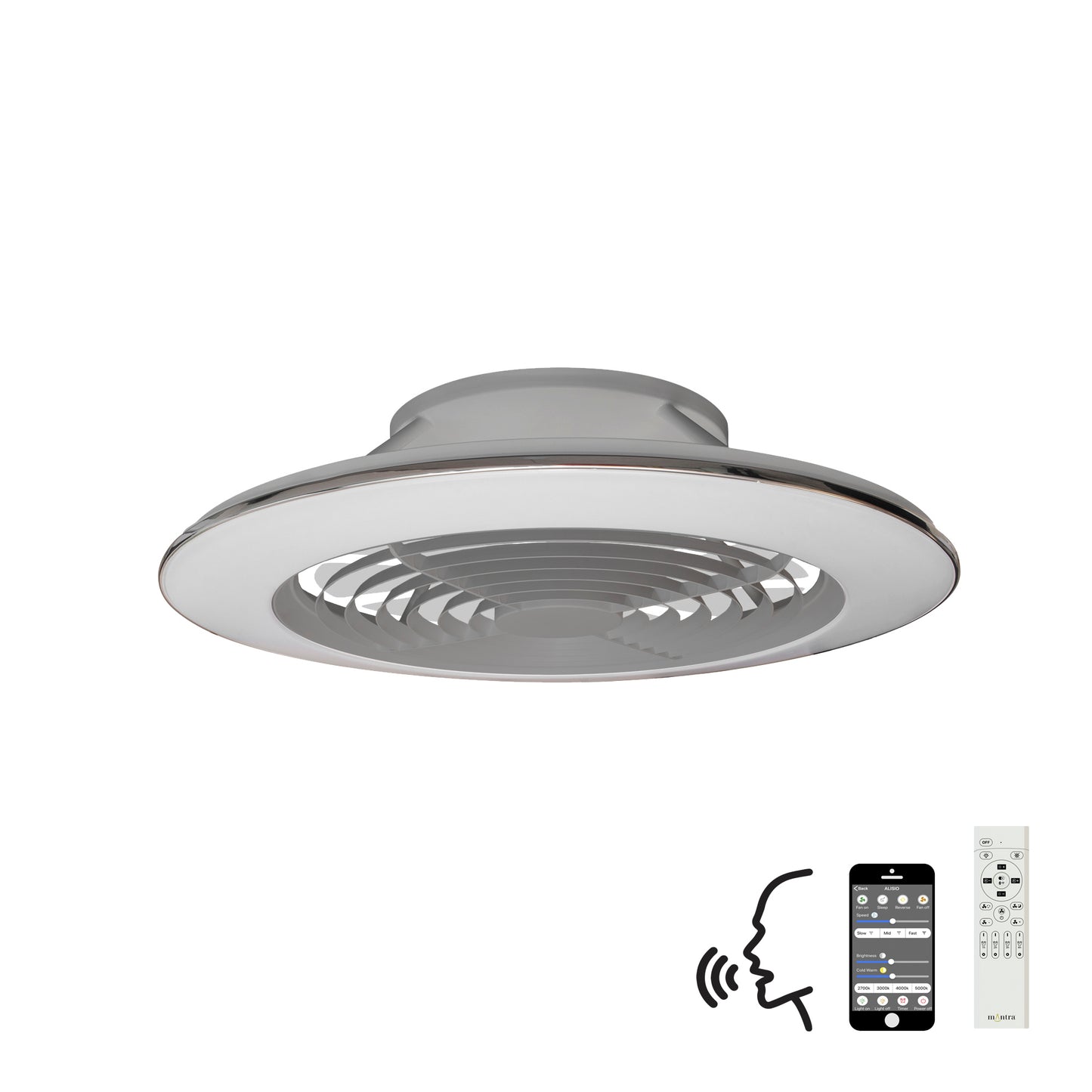 Alisio XL 95W LED Dimmable Ceiling Light & 58W DC Reversible Fan, Silver Finish c/w Remote Control, APP & Alexa/Google Voice Control, 5900lm by Mantra