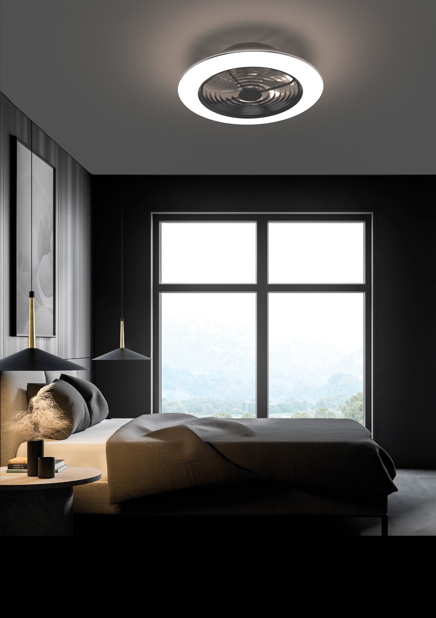 Alisio 70W LED Dimmable Ceiling Light With Built-In 35W DC Reversible Fan, BlackWhite Finish c/w Remote Control and APP Control, 4900lm by Mantra