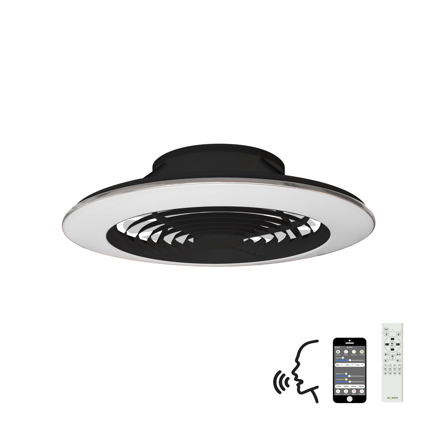 Alisio XL 95W LED Dimmable Ceiling Light & 58W DC Reversible Fan, Black Finish c/w Remote Control, APP & Alexa/Google Voice Control, 5900lm by Mantra