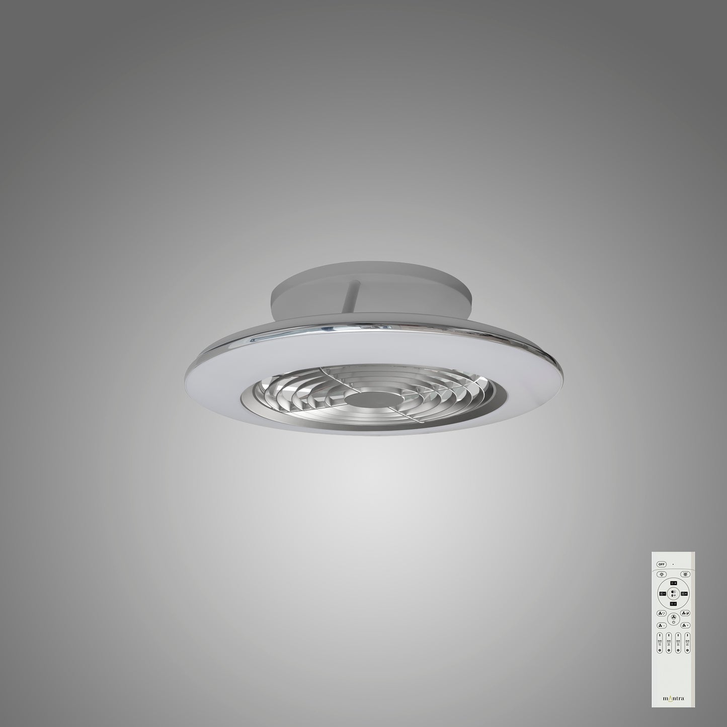 Alisio Mini 70W LED Dimmable Ceiling Light With Built-In 30W DC Reversible Fan, Silver Finish c/w Remote Control, 4900lm by Mantra