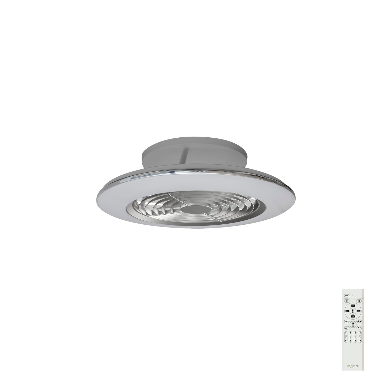 Alisio Mini 70W LED Dimmable Ceiling Light With Built-In 30W DC Reversible Fan, Silver Finish c/w Remote Control, 4900lm by Mantra