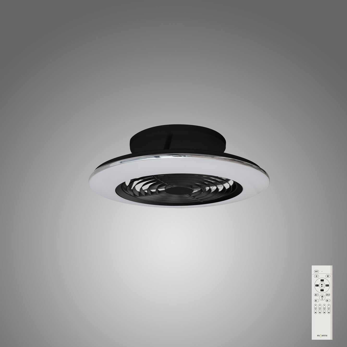 Alisio Mini 70W LED Dimmable Ceiling Light With Built-In 30W DC Reversible Fan, Black Finish c/w Remote Control, 4900lm by Mantra