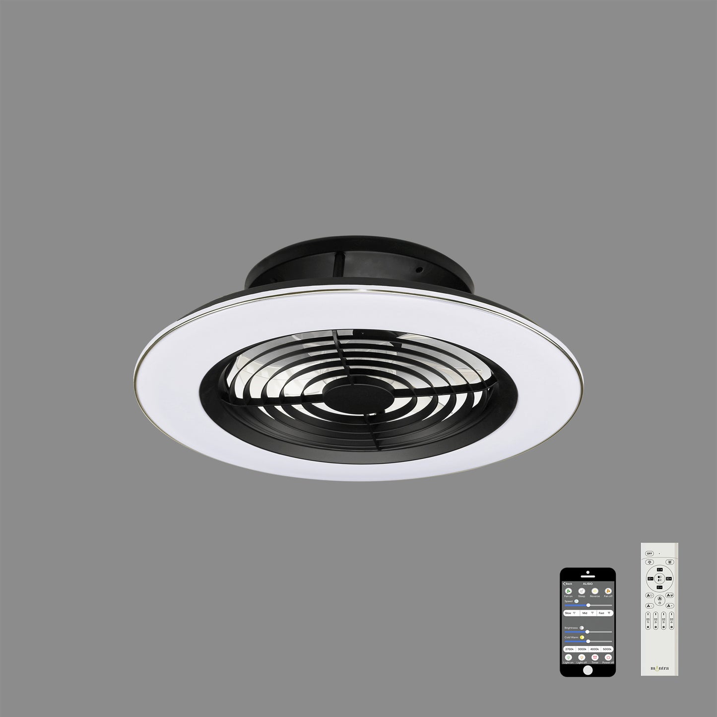 Alisio 70W LED Dimmable Ceiling Light With Built-In 35W DC Reversible Fan, BlackWhite Finish c/w Remote Control and APP Control, 4900lm by Mantra