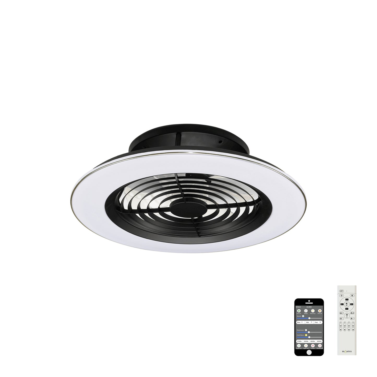 Alisio 70W LED Dimmable Ceiling Light With Built-In 35W DC Reversible Fan, BlackWhite Finish c/w Remote Control and APP Control, 4900lm by Mantra