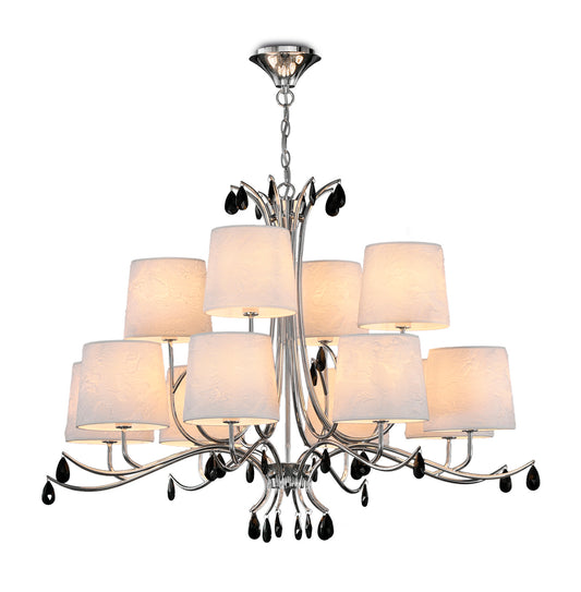 Andrea Pendant 100cm Round, 8+4 x E14 (Max 20W), Polished Chrome, White Shades, Black Crystal Droplets by Mantra