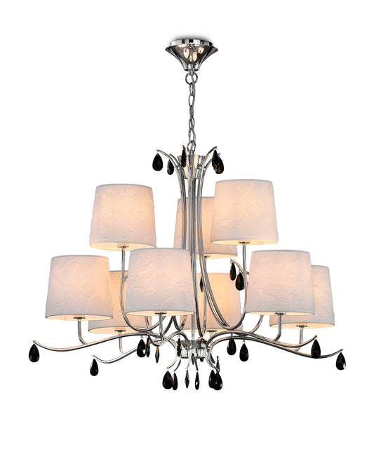 Andrea Pendant 88cm Round, 6+3 x E14 (Max 20W), Polished Chrome, White Shades, Black Crystal Droplets by Mantra