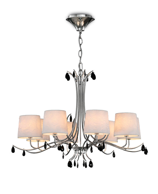 Andrea Pendant 100cm Round, 8 x E14 (Max 20W), Polished Chrome, White Shades, Black Crystal Droplets by Mantra