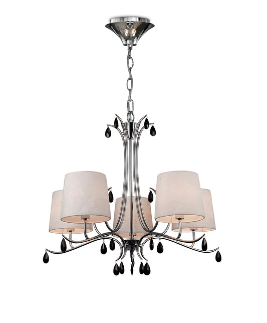 Andrea Pendant 81.5cm Round, 5 x E14 (Max 20W), Polished Chrome, White Shades, Black Crystal Droplets by Mantra