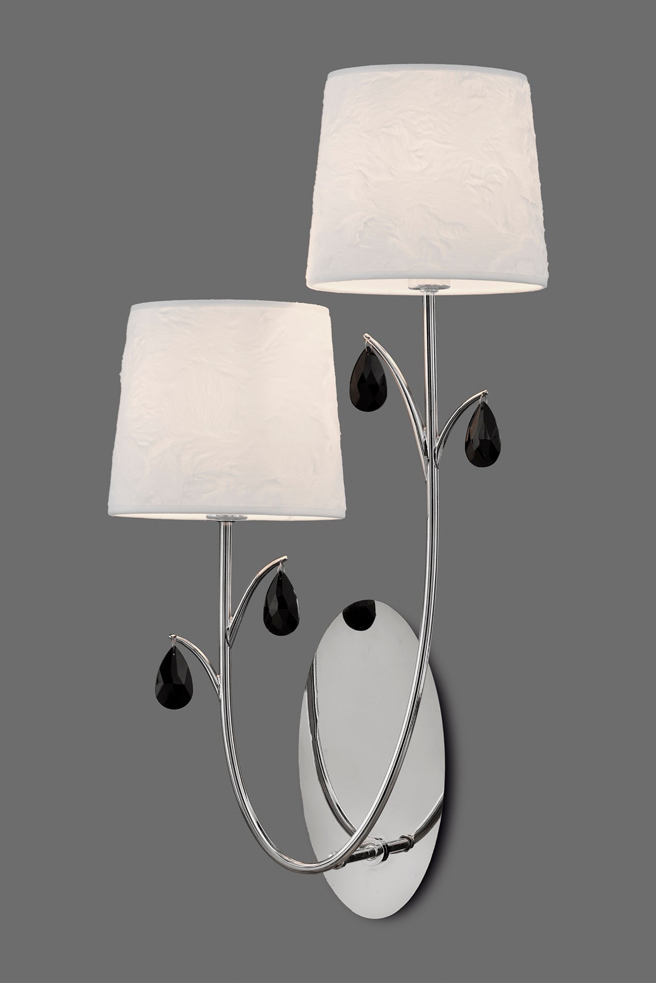 Andrea Wall Light, 2 x E14 (Max 20W), Polished Chrome, White Shades, Black Crystal Droplets by Mantra