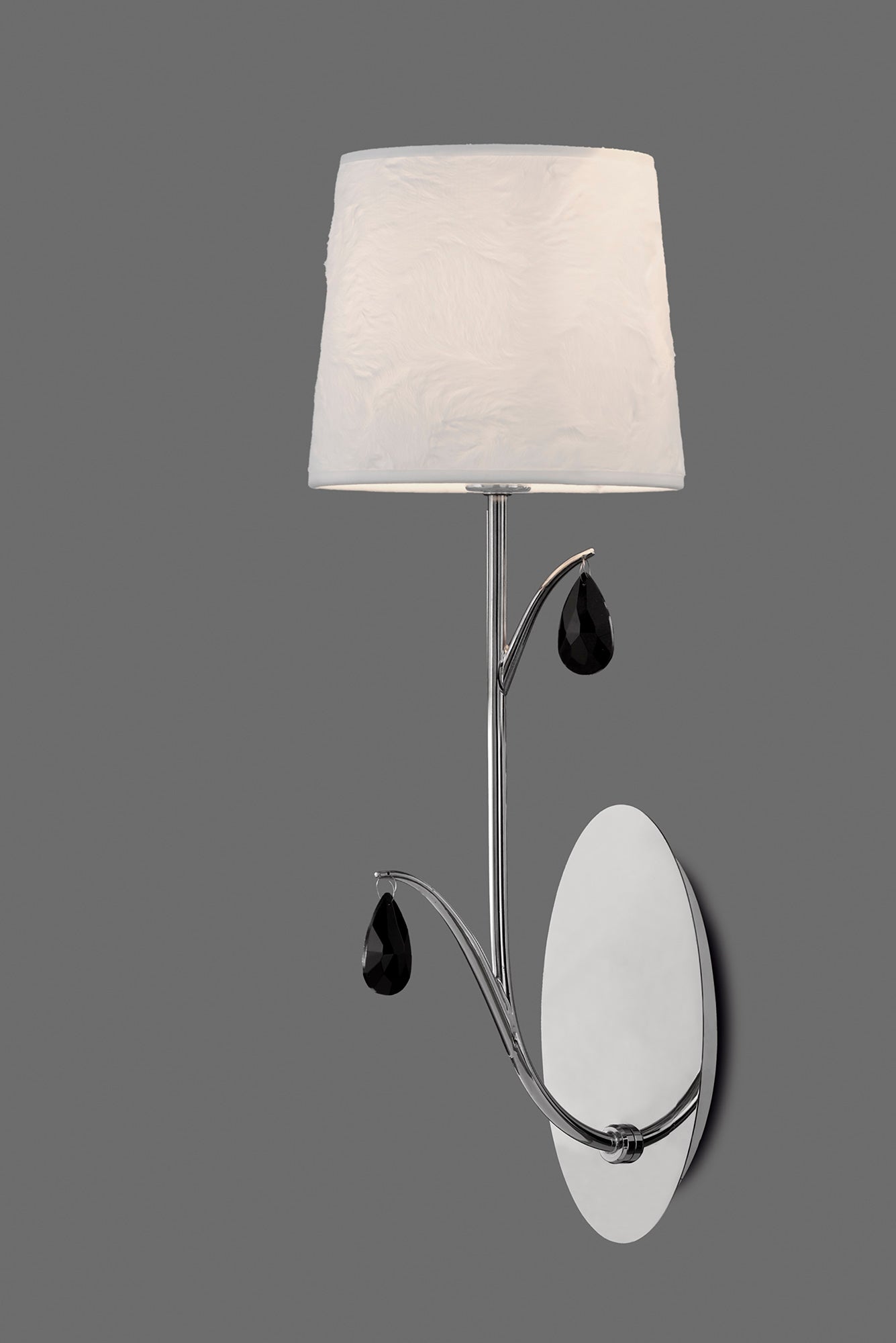 Andrea Wall Light, 1 x E14 (Max 20W), Polished Chrome, White Shades, Black Crystal Droplets by Mantra