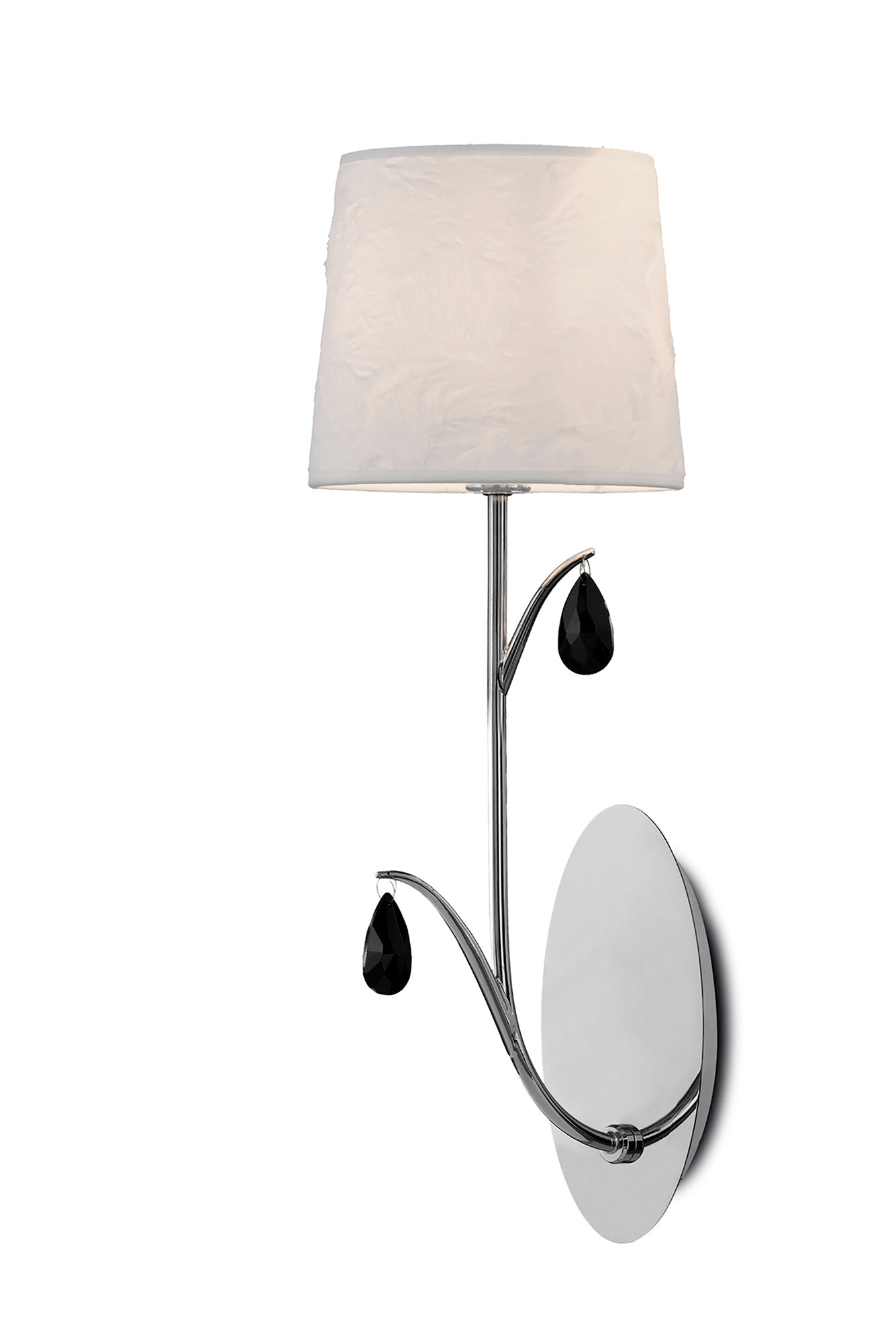 Andrea Wall Light, 1 x E14 (Max 20W), Polished Chrome, White Shades, Black Crystal Droplets by Mantra