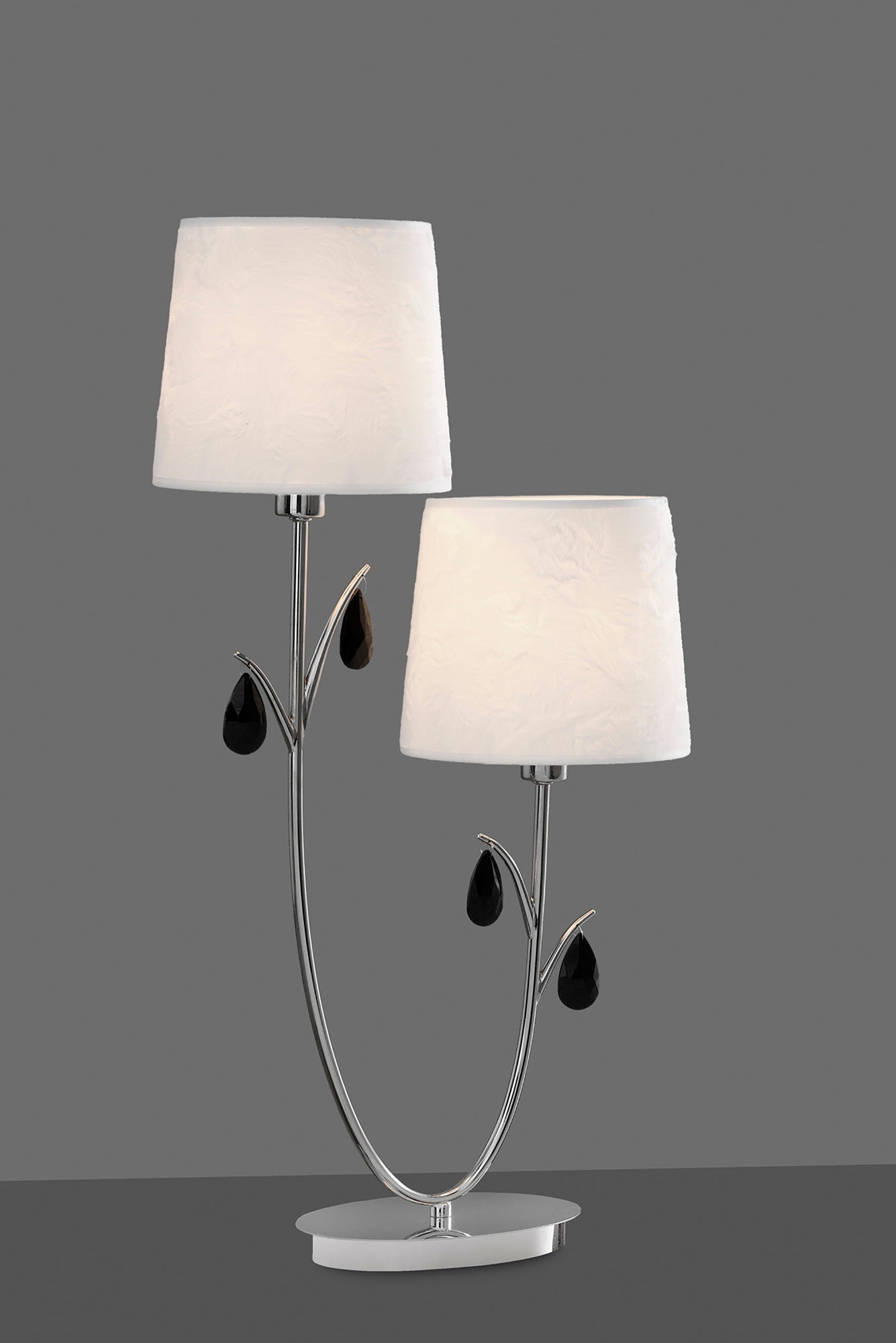 Andrea Table Lamp 63cm, 2 x E14 (Max 20W), Polished Chrome, White Shades, Black Crystal Droplets by Mantra