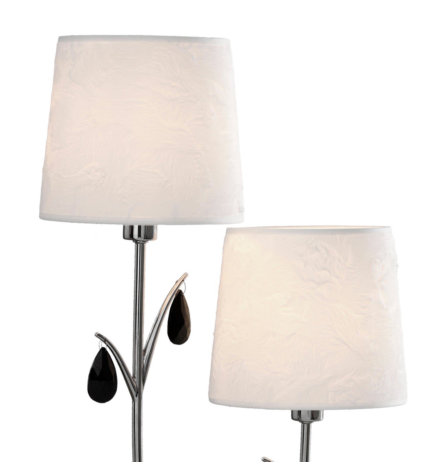 Andrea Table Lamp 63cm, 2 x E14 (Max 20W), Polished Chrome, White Shades, Black Crystal Droplets by Mantra