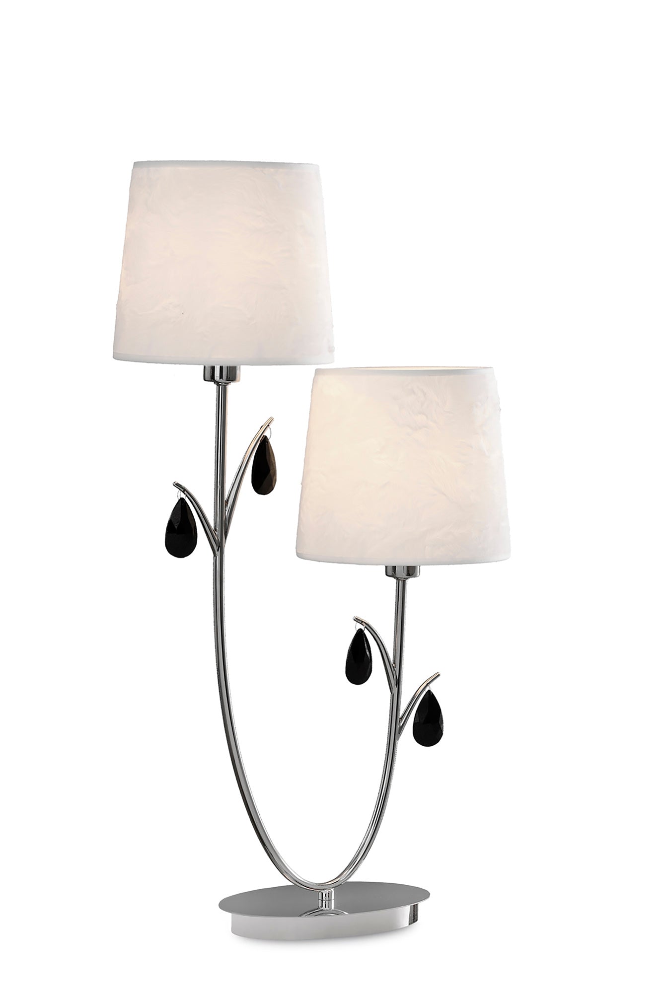 Andrea Table Lamp 63cm, 2 x E14 (Max 20W), Polished Chrome, White Shades, Black Crystal Droplets by Mantra