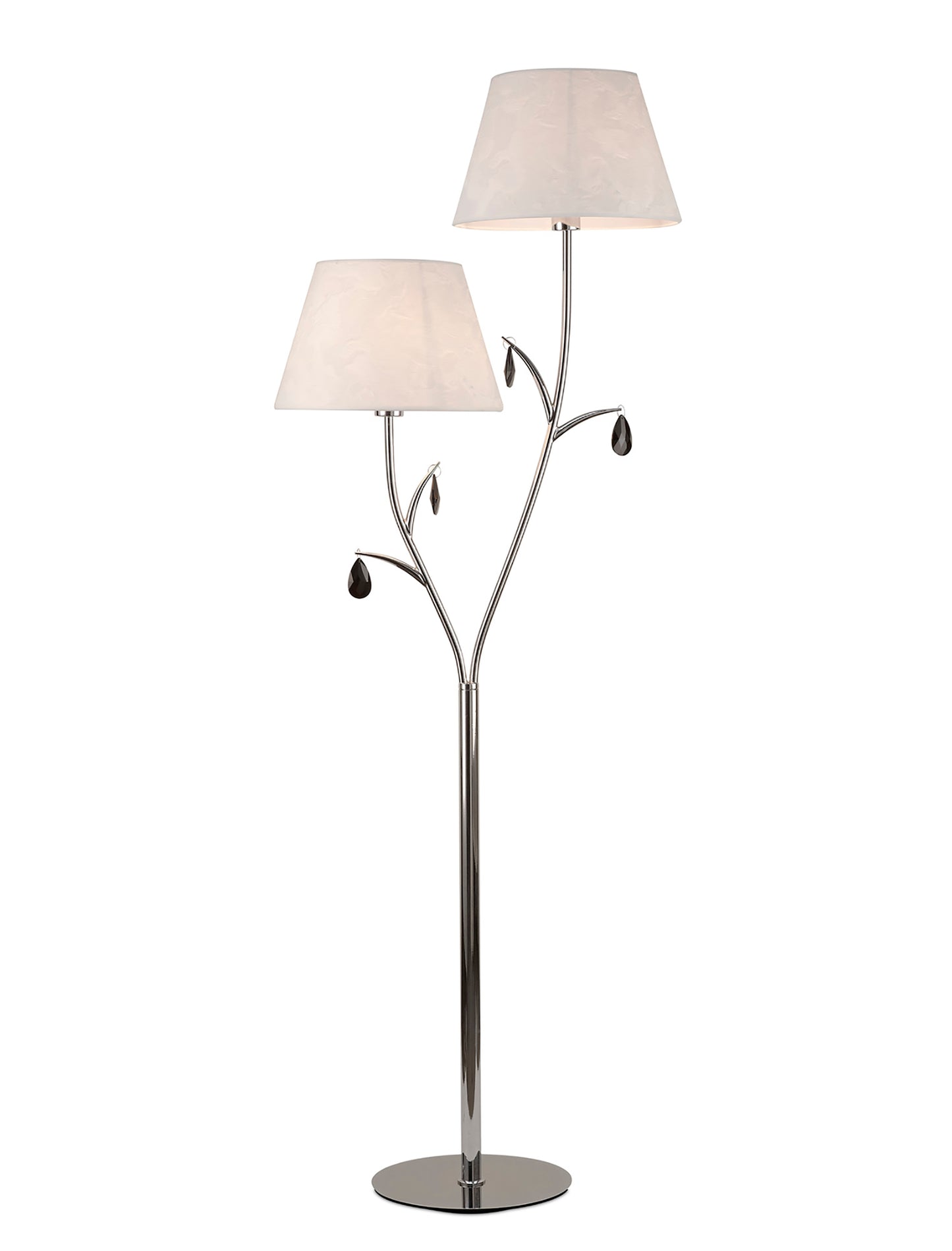 Andrea Floor Lamp 175cm, 2 x E27 (Max 20W), Polished Chrome, White Shades, Black Crystal Droplets by Mantra