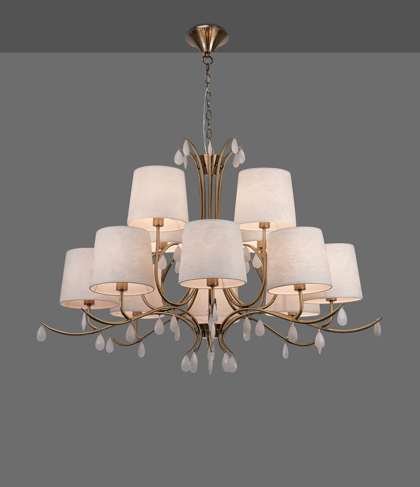 Andrea Pendant 100cm Round, 8+4 x E14 (Max 20W), Antique Brass, White Shades, White Crystal Droplets by Mantra