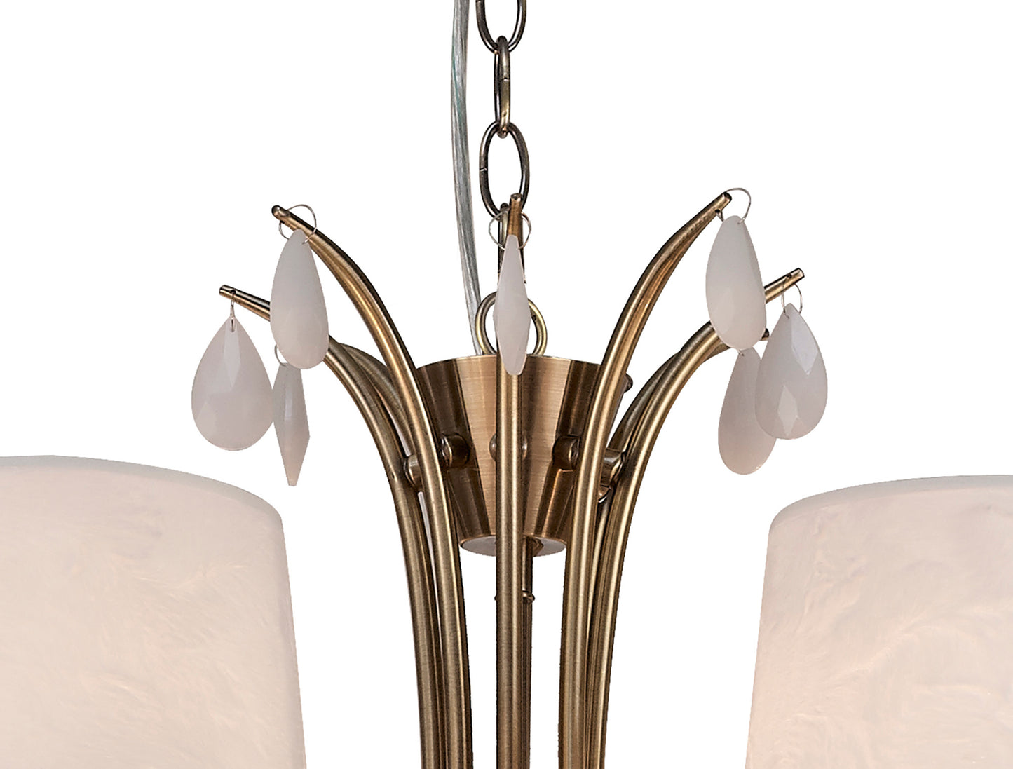 Andrea Pendant 100cm Round, 8+4 x E14 (Max 20W), Antique Brass, White Shades, White Crystal Droplets by Mantra