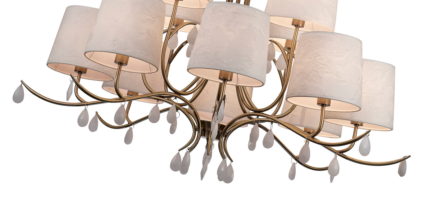 Andrea Pendant 100cm Round, 8+4 x E14 (Max 20W), Antique Brass, White Shades, White Crystal Droplets by Mantra
