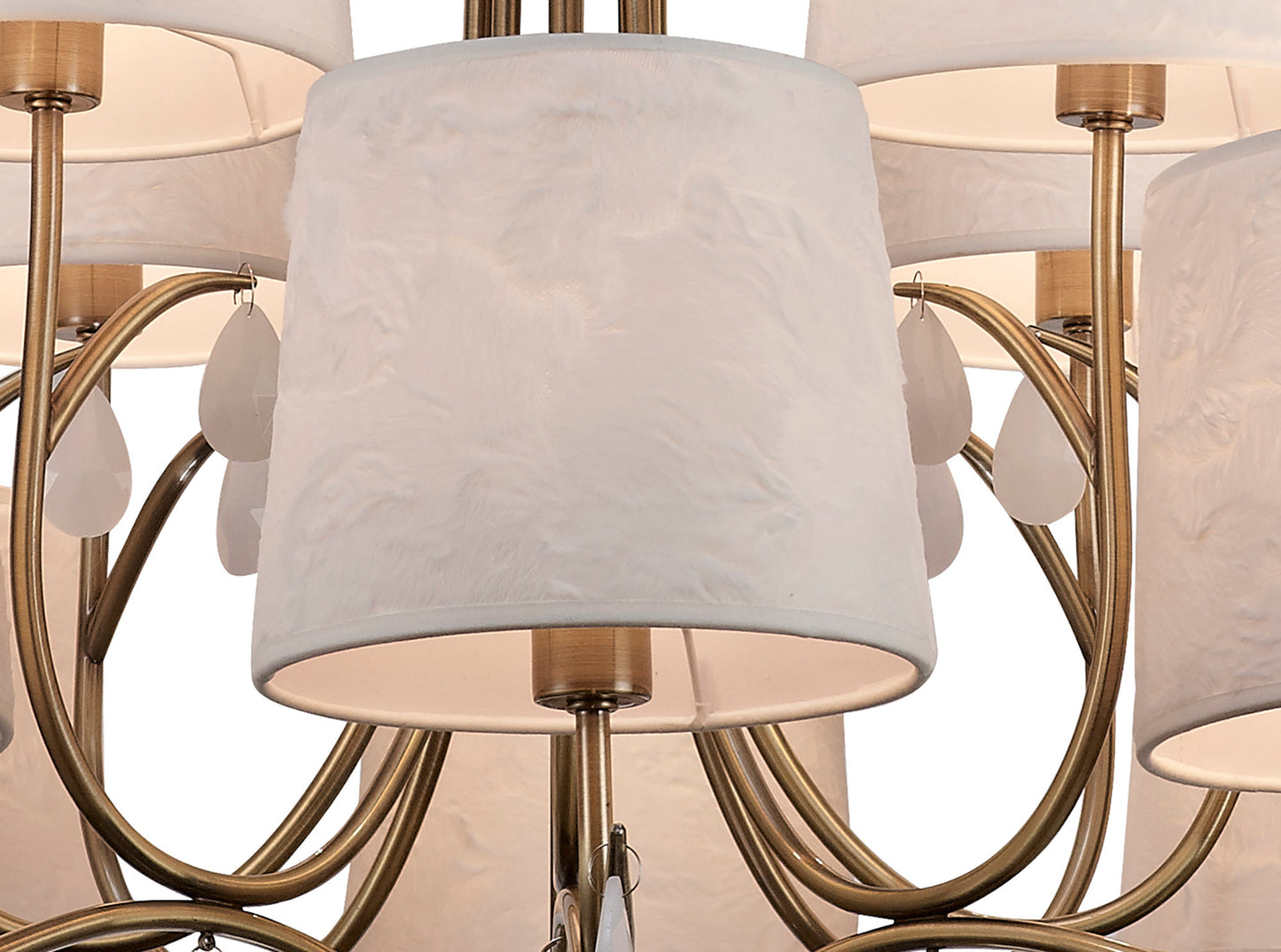 Andrea Pendant 100cm Round, 8+4 x E14 (Max 20W), Antique Brass, White Shades, White Crystal Droplets by Mantra