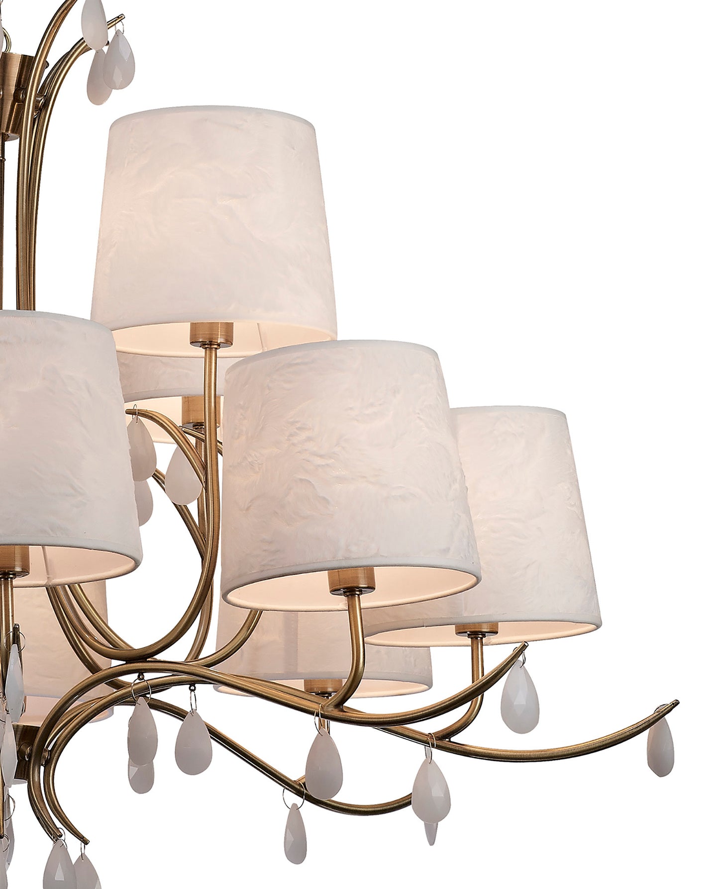 Andrea Pendant 100cm Round, 8+4 x E14 (Max 20W), Antique Brass, White Shades, White Crystal Droplets by Mantra