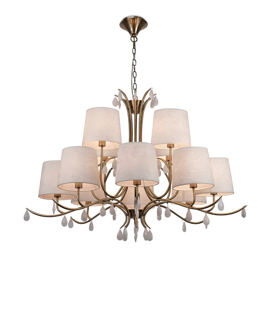 Andrea Pendant 100cm Round, 8+4 x E14 (Max 20W), Antique Brass, White Shades, White Crystal Droplets by Mantra