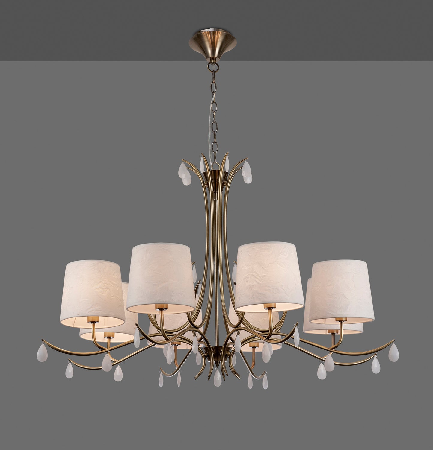 Andrea Pendant 100cm Round, 8 x E14 (Max 20W), Antique Brass, White Shades, White Crystal Droplets by Mantra