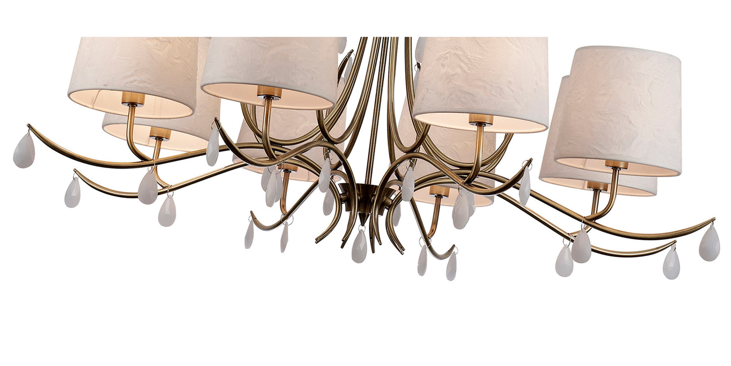 Andrea Pendant 100cm Round, 8 x E14 (Max 20W), Antique Brass, White Shades, White Crystal Droplets by Mantra
