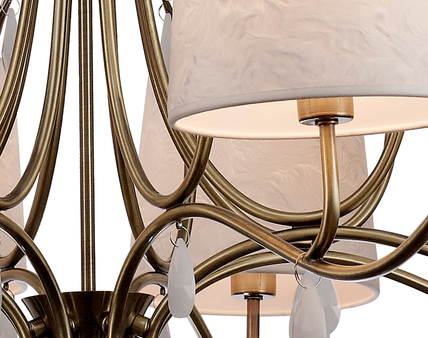 Andrea Pendant 100cm Round, 8 x E14 (Max 20W), Antique Brass, White Shades, White Crystal Droplets by Mantra
