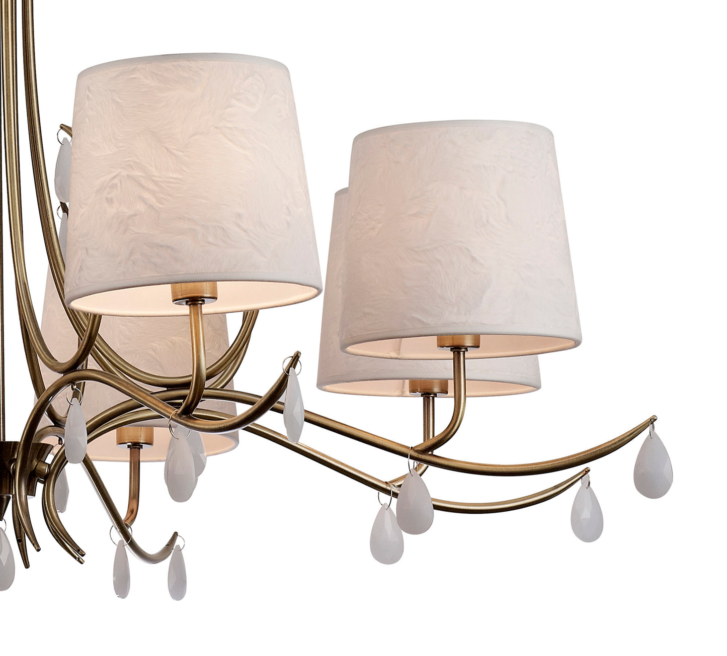 Andrea Pendant 100cm Round, 8 x E14 (Max 20W), Antique Brass, White Shades, White Crystal Droplets by Mantra