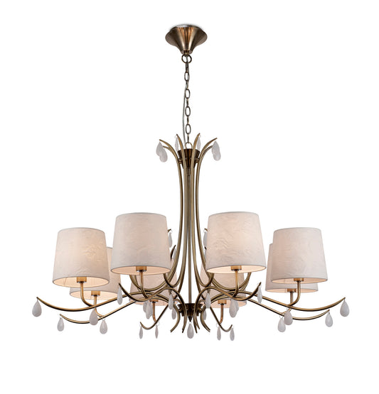 Andrea Pendant 100cm Round, 8 x E14 (Max 20W), Antique Brass, White Shades, White Crystal Droplets by Mantra