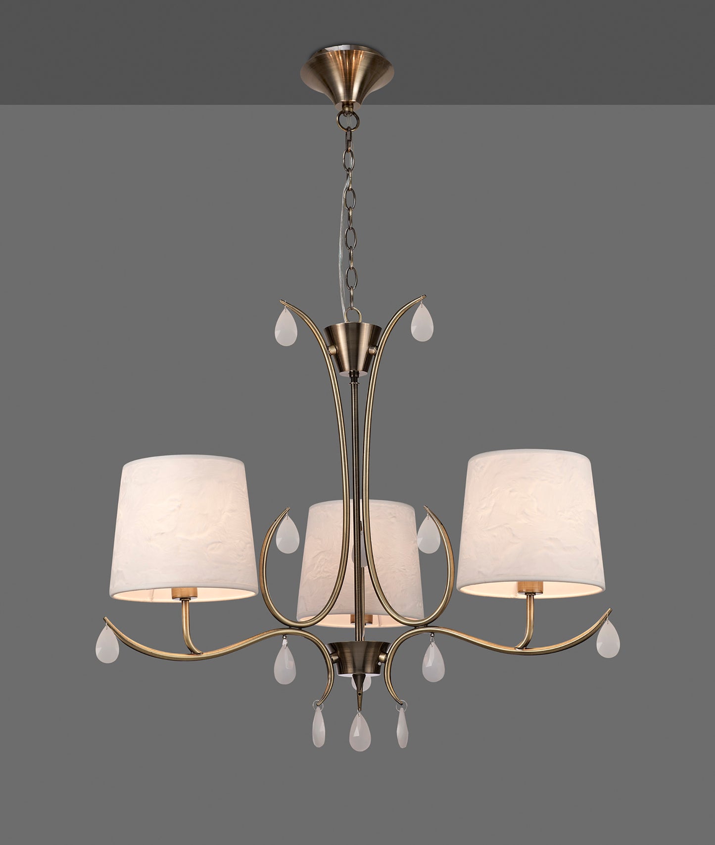Andrea Pendant 67cm Round, 5 x E14 (Max 20W), Antique Brass, White Shades, White Crystal Droplets by Mantra