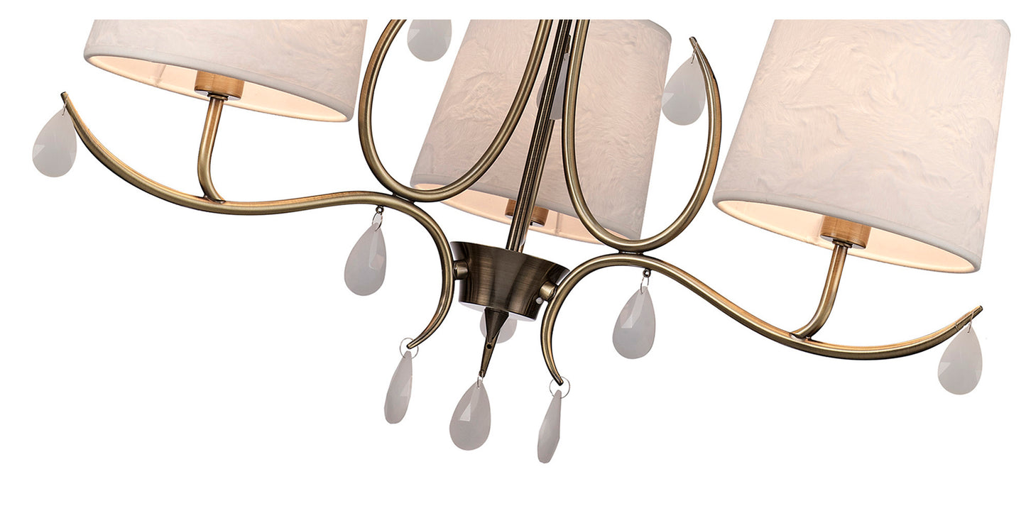 Andrea Pendant 67cm Round, 5 x E14 (Max 20W), Antique Brass, White Shades, White Crystal Droplets by Mantra