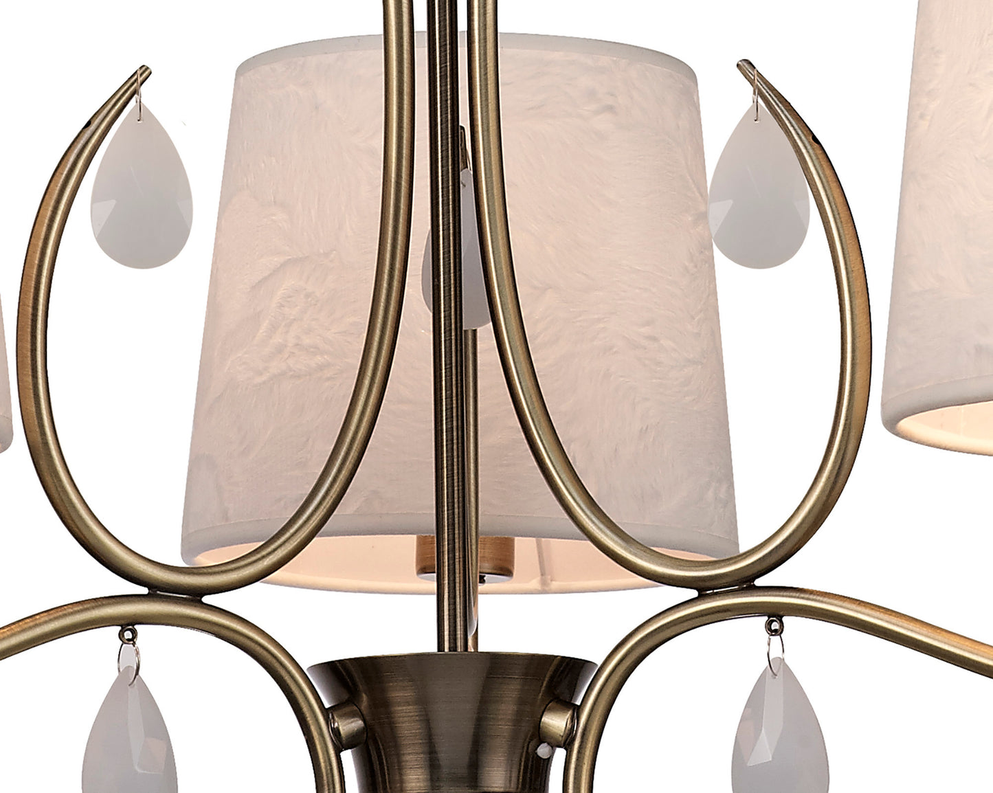 Andrea Pendant 67cm Round, 5 x E14 (Max 20W), Antique Brass, White Shades, White Crystal Droplets by Mantra
