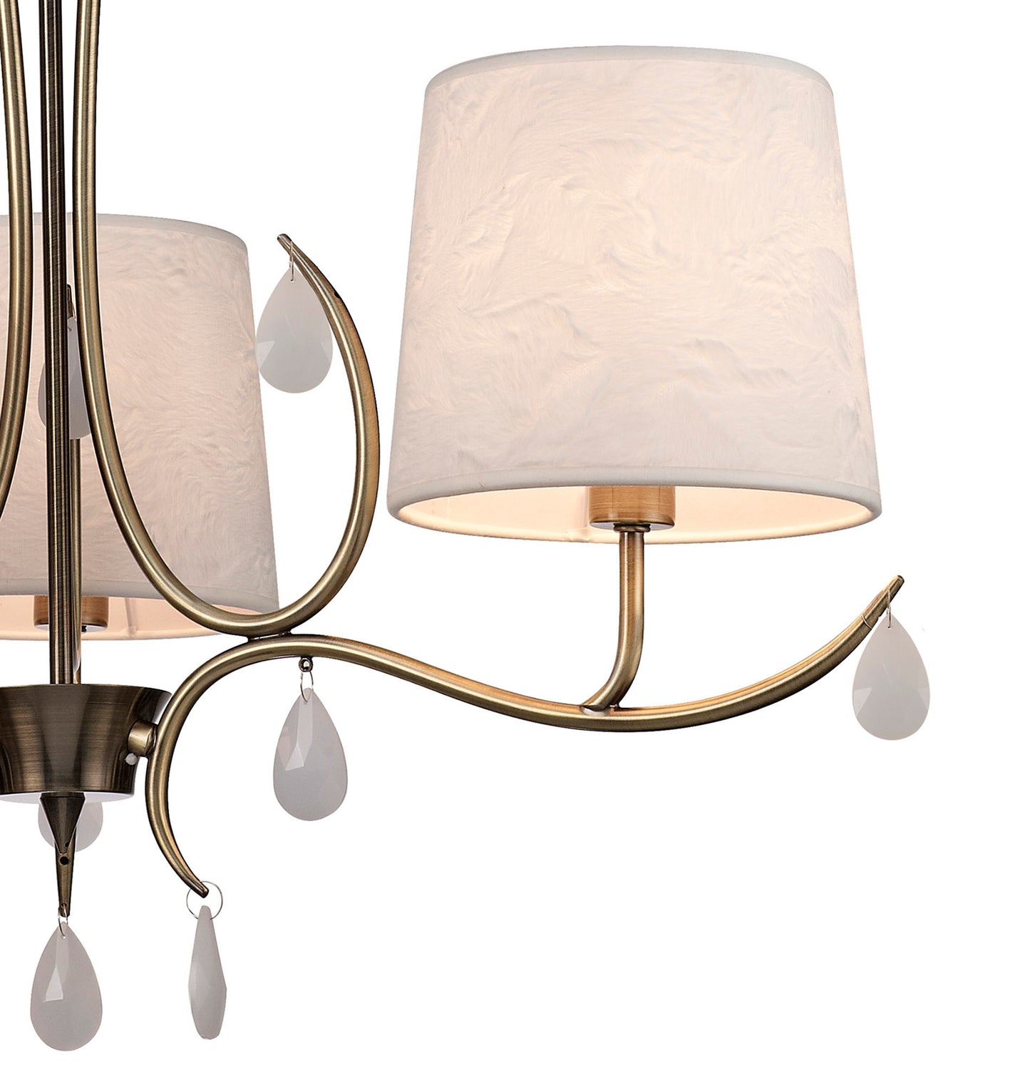 Andrea Pendant 67cm Round, 5 x E14 (Max 20W), Antique Brass, White Shades, White Crystal Droplets by Mantra