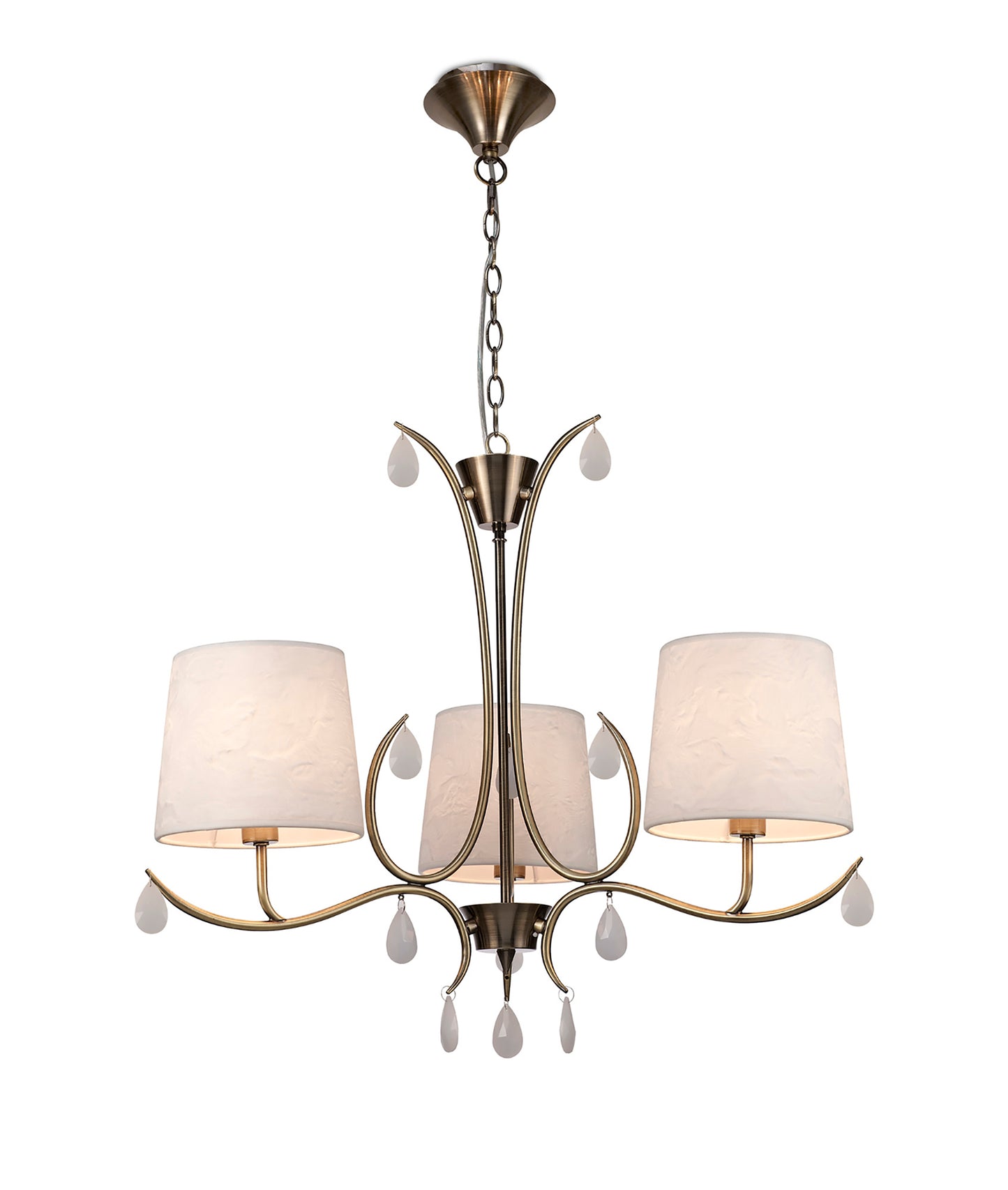 Andrea Pendant 67cm Round, 5 x E14 (Max 20W), Antique Brass, White Shades, White Crystal Droplets by Mantra
