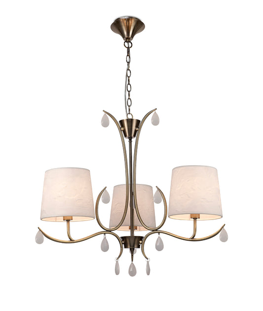 Andrea Pendant 67cm Round, 5 x E14 (Max 20W), Antique Brass, White Shades, White Crystal Droplets by Mantra