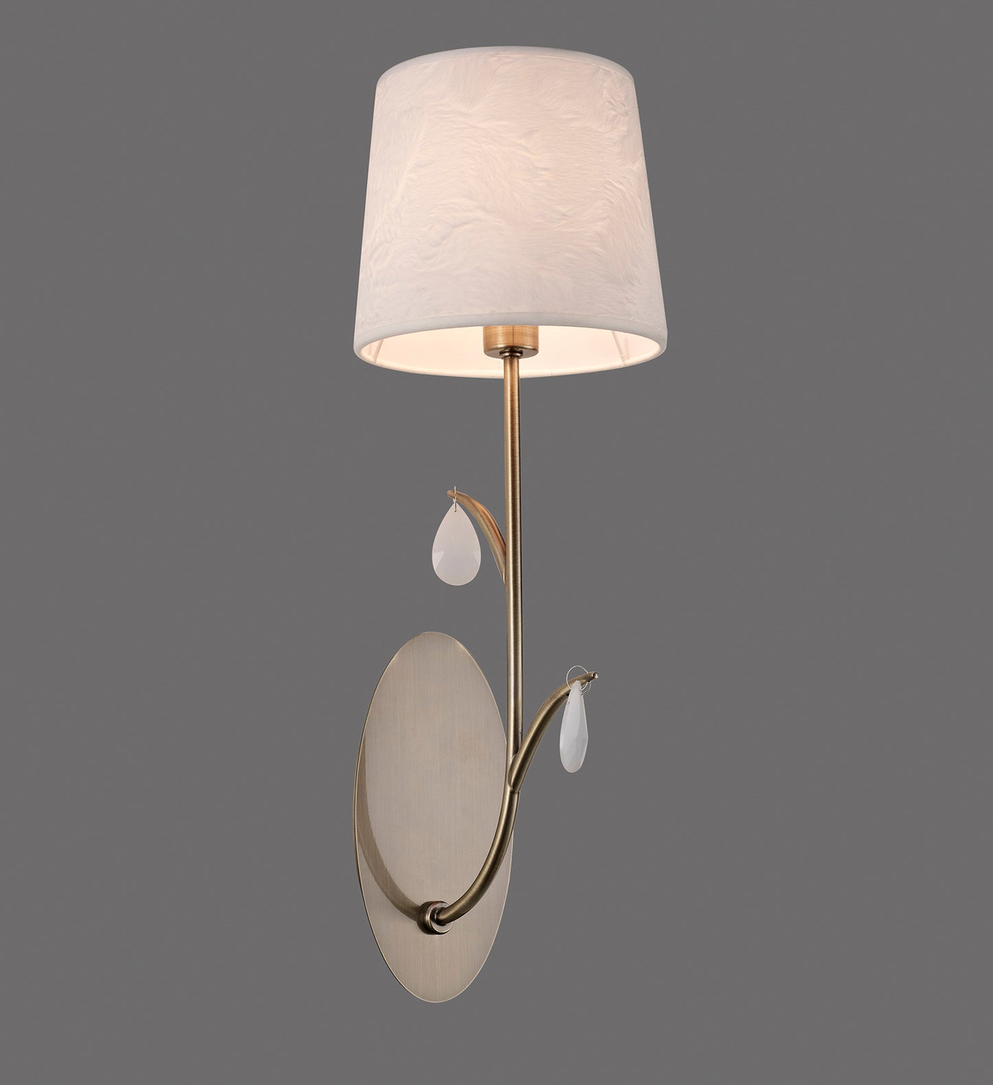 Andrea Wall Light, 1 x E14 (Max 20W), Antique Brass, White Shades, White Crystal Droplets by Mantra