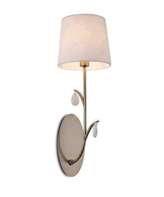 Andrea Wall Light, 1 x E14 (Max 20W), Antique Brass, White Shades, White Crystal Droplets by Mantra