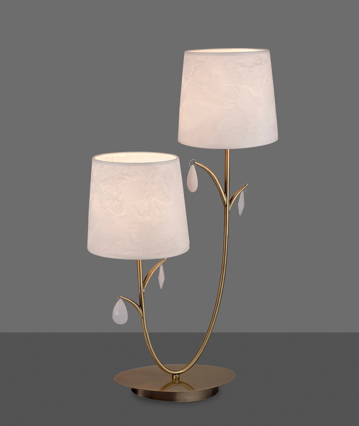 Andrea Table Lamp 63cm, 2 x E14 (Max 20W), Antique Brass, White Shades, White Crystal Droplets by Mantra