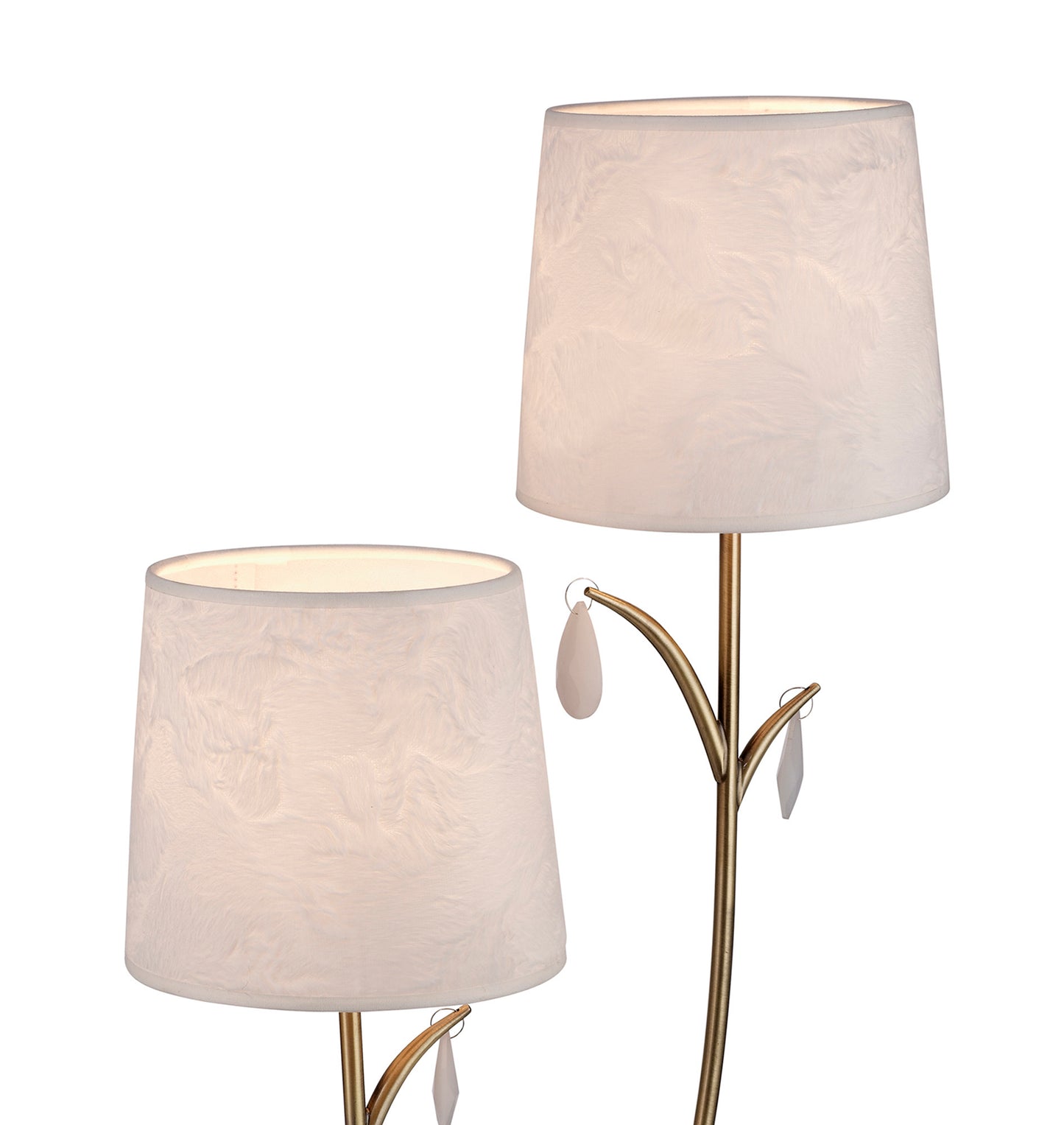 Andrea Table Lamp 63cm, 2 x E14 (Max 20W), Antique Brass, White Shades, White Crystal Droplets by Mantra